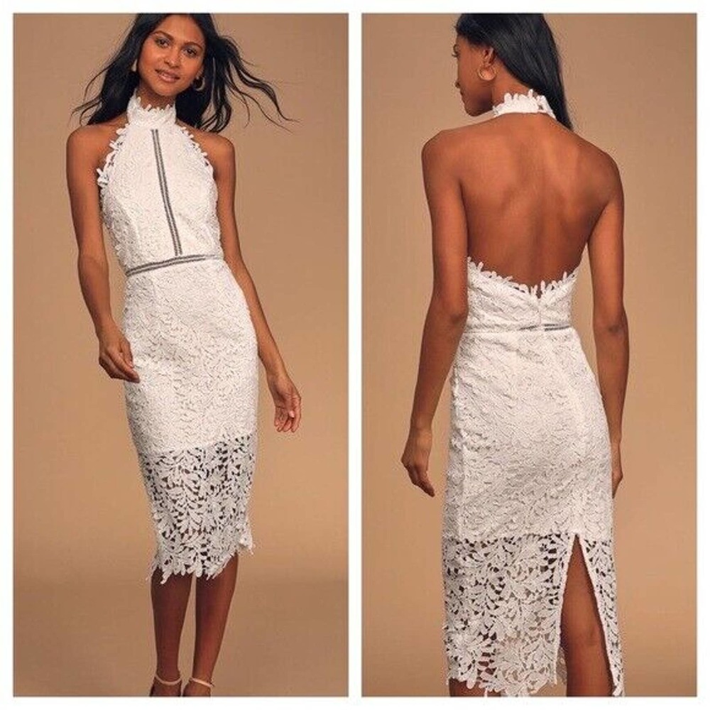 Lulus Divine Destiny Lace Halter Sleeveless Bridal Mini Dress White Medium